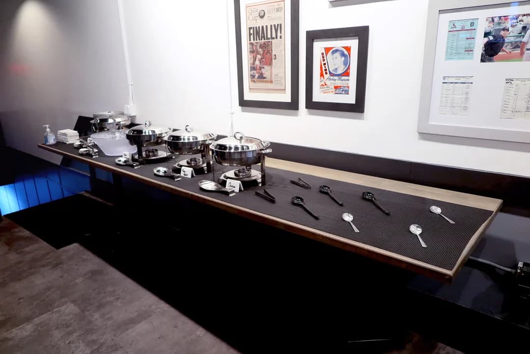 A buffet line set up along the long table in the Copper Reserve